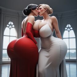 2girls ai_generated big_ass big_breasts cleavage dress french_kiss huge_ass huge_breasts kissing mamaguevin milf voluptuous voluptuous_female yuri