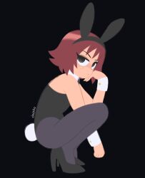 1girls arm_up bare_shoulders black_eyes blush bunny_ears bunny_tail bunnysuit dzdello female freckles heels kim_pine red_hair scott_pilgrim short_hair solo solo_female squatting