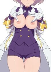 breasts_out exposed_breasts eyes_out_of_frame female_focus gloves gridman_universe large_breasts morisobo mujina nipple_tweak open_shirt silver_hair smile ssss.dynazenon thighs tie tie_between_breasts