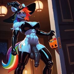 abs ai_generated anthro futanari halloween latex muscular muscular_futanari my_little_pony my_little_pony_friendship_is_magic penis pony rainbow_dash_(mlp) scary thighhighs trick_or_treat veiny_penis witch_costume witch_hat