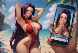 ai_generated armpits beach bikini blowjob boa_hancock cum curvy earrings excessive_cum female highres large large_ass large_breasts male on_beach one_piece phone_screen qwertart screencap smile tagme thighs