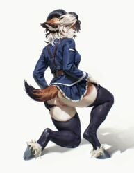 2024 anthro anus ass black_clothing black_legwear blue_bottomwear blue_clothing blue_skirt blue_topwear bottomless bottomwear bovid caprine clothed clothing curved_horn czerwonya digital_media_(artwork) dipstick_tail fai_(novus724) female genitals goat hair hand_on_butt hand_on_own_butt hi_res hooves horn kneeling legwear looking_at_viewer looking_back looking_back_at_viewer mammal markings on_one_knee pantiless pussy short_tail simple_background skirt smile smiling_at_viewer solo tail tail_markings topwear unguligrade white_background white_hair