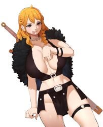 abbb boots braid breasts brown_eyes cleavage closed_mouth clothing elbaf female female_only footwear high_resolution large_breasts long_hair looking_at_viewer midriff nami nami_(one_piece) navel one_piece orange_hair post-timeskip smile solo standing sword thigh_strap tied_hair weapon