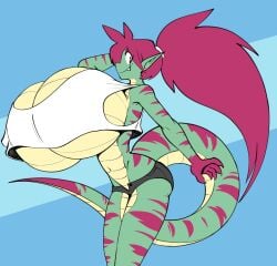 angstrom anthro green_body lizard lizard_girl red_hair scalie shorts tail tank_top