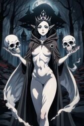 ai_generated black black_hair blue_eyes breasts cape crown dark_elf elf evil_grin fantasy forest horror magic moon navel necromancer nipple_slip pale_skin robe skull villainess