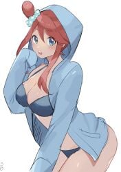 2025 artist_signature auburn_hair big_breasts big_butt bikini blue_eyes blush blush bra female female_focus female_only hair_ornament hairpiece half_naked hoodie huuro_(pokemon) large_breasts long_sleeves looking_at_viewer open_mouth panties partially_clothed pokemon pokemon_(game) pokemon_bw pokemon_trainer red_hair ririmon skyla_(pokemon) tan_skin