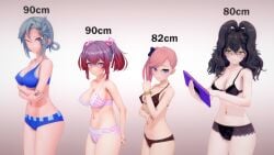 3d 4girls arms_behind_back big_breasts blush bra breast_comparison breasts chiebukuro_setsuka closed_mouth crossed_arms danganronpa danganronpa_another embarrassed fanganronpa female_only gradient_background kabuya_yoruko koikatsu light-skinned_female mitsume_kokoro no_penetration no_sex otonokoji_kanade panties sdra2 smile super_danganronpa_another_2 tablet tagme text