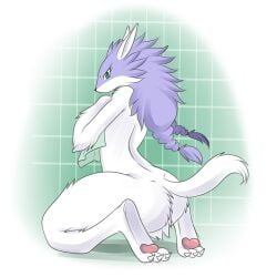 alternate_form anthro bathing beastform camelot claws from_behind golden_sun golden_sun_dark_dawn green_eyes kneeling lonbluewolf looking_at_viewer nintendo nude pawpads purple_fur purple_hair sveta thick_thighs towel towel_over_breasts twin_braids two-tone_fur werewolf white_fur wolf wolf_ears wolf_girl wolf_tail