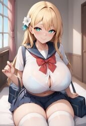 1girls ai_generated amy_hewitt big_breasts blonde_hair blonde_hair civitai closed_mouth dark_skirt female flower flower_in_hair hair_ornament huge_breasts long_hair oc open_eyes original_character red_tie school_bag school_uniform schoolgirl sitting skirt smile smiling stockings turquoise_eyes vicixx white_shirt white_stockings wide_hips