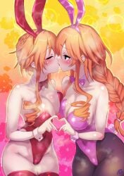 2d 2d_(artwork) 2girls ass belly belly_button_visible_through_clothing blue_eyes blush breasts bunny_ears bunny_girl bunnysuit date_a_live female female_only incest kissing light-skinned_female long_hair orange_hair pantyhose saliva saliva_trail thighs twins yamai_kaguya yamai_yuzuru yuri