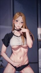 2dpocketgirls ai_generated belly_button black_panty blonde_hair blush dancing female hip_sway large_breasts manhwa midriff purple_eyes short_shirt silent_war tagme underboobs video webtoon