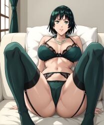 ai_generated apartment beige_background big_ass big_breasts big_butt big_thighs black_high_heels breasts cleavage couch curvy curvy_body curvy_female curvy_figure female female_focus female_only fubuki_(one-punch_man) green_bra green_eyes green_hair green_lingerie green_panties green_socks huge_ass jewelry large_breasts light-skinned_female light_skin lingerie lingerie_bra lingerie_panties lips lipstick long_legs long_socks looking_at_viewer one-punch_man pillow retair18 sexy sexy_pose short_hair smile smiling smiling_at_viewer thigh_strap thighhighs wide_hips