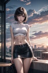 ai_generated angry angry_face balcony belly black black_hair brat covered_nipples crop_top girl moody navel pencil_skirt perky_breasts perky_nipples short_skirt sky standing sunset tight_clothing tight_fit