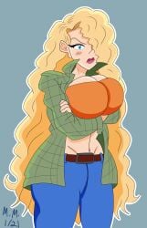 big_breasts blonde_female blonde_hair blue_eyes breasts cleavage debbie_thornberry maritries midriff orange_shirt thick thick_hips wild_thornberrys