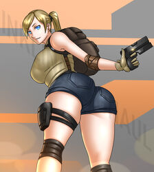 2010s 2019 ass blonde_hair blue_bottomwear blue_eyes cameltoe confident denim_shorts female gloves gun gun_holster heather_ward inkling_ghaul kneepits looking_at_viewer looking_back moderate_tomboy pistol ponytail rear_view shorts smile smiling_at_viewer solo solo_female the_division the_division_2 thick_thighs tomboy watermark