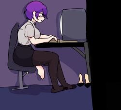 1futa artist_request big_penis body_invasion breasts clothed clothing flaccid futa_only futanari girl human light-skinned_futanari light_skin mostly_clothed office_lady pantyhose parasite penis purple_hair sitting solo source_request tagme unaware urethral urethral_invasion