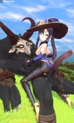 3d 3d_(artwork) before_sex big_penis blender blender_(software) blender_eevee eroshi3d female female_on_top genshin_impact hat hilichurls_(species) horse_penis horsecock humanoid interspecies mitachurl mona_(genshin_impact) monster outdoors outside stockings