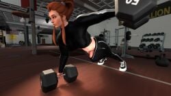 3d abs ass brigitte brigitte_lindholm brown_hair bulge ebinpasta futa futa_only futanari ginger gym half-erect muscles muscular_futanari no_panties overwatch ponytail pov public self_upload sportswear tagme working_out workout