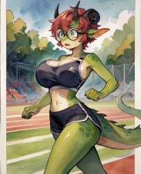 ai_generated anthro athletic athletic_female big_breasts breasts claws dragon female finger_claws furry horns huge_breasts looking_at_viewer monster_girl muscle muscular muscular_female non-mammal_breasts oc original original_character reptile reptile_girl reptile_humanoid scalie short_hair tail