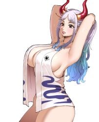 1girls abbb ass breasts clothed clothing female female_only hair_ornament hoop_earrings horns looking_at_viewer multicolored_hair one_piece orange_hair_female ponytail sideboob solo_female yamato_(one_piece)