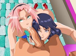 1boy 2girls ball_sucking blue_hair boruto:_naruto_next_generations breasts collaborative_fellatio cum cum_in_mouth cum_inside cumshot double_fellatio faceless faceless_male facial fellatio female green_eyes heels high_heels hyuuga_hinata male naked naruto naruto_shippuden nude oral penis pink_hair pov purple_eyes sakura_haruno sex straight super_melons teamwork testicles threesome