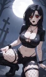 ai_generated black_hair black_metal cemetery chained chained_wrists chains choker corpse_paint facepaint goth goth_girl heavy_metal makeup midriff necklace tattoo