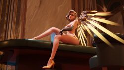 1girls 3d 3d_(artwork) artist_request blender blonde_hair breasts female female_only formalwear_mercy high_heels legs long_legs looking_at_viewer low-angle_view mercy mercy_(overwatch) naked naked_female nipples overwatch overwatch_2 pose posing solo tagme_(artist) wings