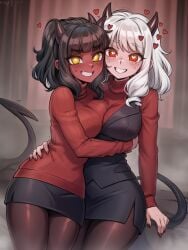 2demons 2girls ai_generated big_breasts black_hair breasts busty crossover crossover_pairing crossover_shipping curvaceous curvaceous_female curvaceous_figure curves curvy curvy_body curvy_female curvy_females curvy_figure curvy_hips curvy_thighs cute demon demon_girl demon_girls demon_horns demon_tail demoness duo duo_female duo_focus facing_viewer female female/female female_focus female_only front_view fully_clothed glowing_eyes grin grinning grinning_at_viewer helltaker large_breasts light-skinned_female light_skin long_hair looking_at_viewer meru_(merunyaa) modeus_(helltaker) precious red_body red_eyes red_skin seductive seductive_gaze seductive_look seductive_smile short_hair smile smiling smiling_at_viewer smirk smirking_at_viewer succubi succubus succubus_horns succubus_tail tagme white_hair wholesome yellow_eyes yuri