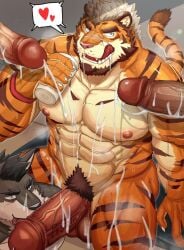 2023 2males abs big_pecs cum cum_on_body foursome fur gay gay_sex hairy_penis massive_penis miazuma_shouki muscular tiger unknown_source wolf