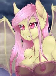 2016 anthro anthrofied areola bat_pony bat_wings blood bodily_fluids breasts bust_portrait cheezayballz clothing cute_fangs equid female flutterbat_(mlp) fluttershy_(mlp) friendship_is_magic fur hair hasbro hi_res long_hair mammal membrane_(anatomy) membranous_wings my_little_pony nipples outside pink_eyes pink_hair portrait solo translucent translucent_clothing vampire wings