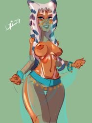 1girls ahsoka_tano belly_dancer belly_dancer_outfit blue_eyes female female_only harem_girl harem_outfit its_gyo jedi large_breasts slave slave_ahsoka slave_outfit slavegirl solo star_wars thick_thighs togruta veil