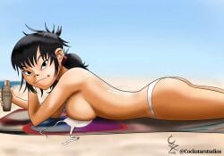 asian cockstar_studios girl gorillaz laying_on_stomach looking_at_viewer noodle_(gorillaz) sun_tan_lotion sun_tanning