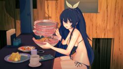 1girls 3d 3d_(artwork) ass belly_button bikini breasts date_a_live eating female_only koikatsu light-skinned_female long_hair looking_at_viewer medium_breasts open_mouth purple_eyes purple_hair sitting solo solo_female soup thighs yatogami_tohka