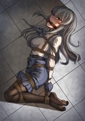 absurdres arms_behind_back barefoot belt bondage bound breasts call_of_cthulhu gag gloves grey_hair highres long_hair looking_at_viewer medium_breasts on_floor on_side pleated_skirt red_eyes restrained shibari_over_clothes shirt skirt solo zsy_(zsy433)