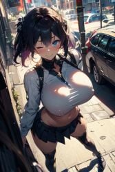 1girls ai_generated big_ass black_hair blue_eyes blush car covered_nipples crop_top large_breasts looking_at_viewer navel one_eye_closed school_uniform skirt smile solo thighhighs twintails