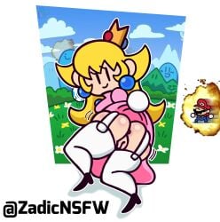 1girls anus big_ass blonde_hair crown explosion female from_front_position humor jiggling_ass lingerie looking_at_viewer luigi mario mario_(series) mostly_clothed nintendo pearl_earrings princess_peach pussy royalty smile super_mario_bros. terminalmontage thick_thighs thigh_highs white_legwear yellow_hair zadicnsfw