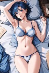 1girl 1girls ai_generated ami_mizuno armpit artist_request background bed bedroom bishoujo_senshi_sailor_moon blue_bra blue_eyes blue_eyes_female blue_hair blue_hair_female blue_lingerie blue_panties blush blushing_female books bow_panties bra earrings eyes_open female female_only girl_only horny_female lingerie looking_at_viewer medium_boobs medium_breasts mouth_open naughty_face nerd nerdy nerdy_female on_bed only_female only_girl open_eyes open_mouth panties pants_removed pillow removed_clothing semi_nude sexy sexy_girl sexy_pose shirt_removed short_hair short_hair_female small_breasts solo solo_female solo_focus string_panties upscaled white_bed_sheet white_panties white_pillow young_female young_girl young_woman