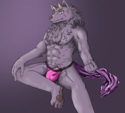 1boy abs babukus bathym beckoning blush canine censored clothed clothing demon flaccid horn male male_only mammal muscular muscular_male nipples partially_clothed pawpads pecs penis pink_underwear solo tokyo_afterschool_summoners topless underwear wolf