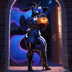 abs ai_generated anthro futanari halloween latex muscular muscular_futanari my_little_pony my_little_pony_friendship_is_magic penis pony princess_luna_(mlp) thighhighs trick_or_treat veiny_penis witch_costume witch_hat