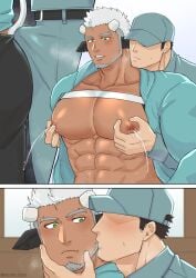 2boys abs bara beard big_chest black_hair bovine bovine_ears bovine_humanoid bulge bulge_through_clothing cap collarbone erection erection_under_clothes gay grabbing grabbing_breasts green_eyes harada_(basashi) horn humanized jacket jacket_open kissing male male/male male_lactation male_only muscles muscular original original_character pecs short_hair six_pack squeezing squeezing_breast steam steamy_breath white_hair work_uniform