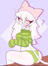 adorable anthro big_ass cattail_(chikomokii) cattail_(pvz) collar covered_breasts cute female_only hat heart_eyes long_hair mandoy1o1 panties sweater tail underwear white_body white_hair