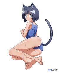 1girls ass blue_eyes cat_ears cat_girl cat_tail color colored expressionless feet female female_only grey_hair looking_at_viewer looking_back looking_back_at_viewer nisp_art original swimsuit