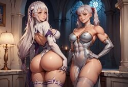 2girls abs ai_generated armwear ass_support bare_thighs black_clover choker collarbone emilia_(re:zero) eye_contact highres hourglass_figure large_breasts legwear looking_at_each_other mansion muscular narrow_waist noelle_silva qwertart re:zero_kara_hajimeru_isekai_seikatsu sexy silver_dress smile tagme teeth white_dress