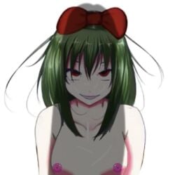 1boy 1girls areolae blossomtea bow breasts collarbone cum cum_on_breasts cum_on_chest cum_on_face dark_green_hair dot_nose edited_image edited_official_artwork ell182a_(masa_works_design) eyes_up fringe fringe_hair green_hair grin gumi huge_cock huge_penis kitsune_no_yomeiri_(vocaloid) looking_at_penis looking_up mai_shishikusa masa_works_design medium_hair mv_character nipples nude nude_edit nude_filter official_art official_artwork_edit oni_to_kitsune_no_hanashi penis penis_shadow pink_lips pink_lipstick pink_nipples red_bow red_eyes red_headwear sanpaku self_upload shadow_penis shiny shiny_hair shiny_skin sidelocks simple_background small_breasts upper_body vocaloid white_background