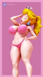 1girls 3d alternate_version_available arm_behind_head big_breasts bikini blonde_hair breasts busty closed_eyes female hand_on_hip heat large_breasts malteadota mario_(series) model_pose navel open_mouth ponytail pose posing princess_peach sexy_pose simple_background solo solo_female super_mario_odyssey sweat sweaty sweaty_body tagme toned toned_female twitter_username