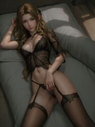 aerith_gainsborough ai_generated bed bedroom brown_hair female final_fantasy final_fantasy_vii final_fantasy_vii_rebirth final_fantasy_vii_remake green_eyes hourglass_figure light-skinned_female