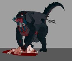 anthro bite biting_another blood blood_from_mouth blood_in_mouth blood_on_body blood_on_chest blood_on_hand blood_pool bodily_fluids canid canine corpse dragon feral gore group guro killing lilith_(luneytuney) luneytuney male male/male mammal mythological_creature mythological_scalie mythology rockie_(luneytuney) scalie snuff stomping trio wings