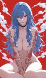 ai_generated bangs blue_hair boob_squish breasts choker cleavage collar female hair_covering_breasts model modeling naked navel nude pose red_background red_eyes tattoo