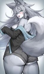 1girls 2024 anthro aqua_eyes ass blush canid canine female female_only fur furry furry_tail grey_fur grey_hair hi_res jacket_off_shoulders long_hair looking_at_viewer looking_back looking_back_at_viewer rear_view smiling smiling_at_viewer solo suurin_(ksyaro) tail thick_ass thick_thighs