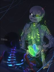 2boys artist_request bed biting_lip biting_own_lip ectobody ectopenis error_sans_(fan_character) gay gay_sex glowing glowing_genitalia glowing_penis mesh_sans_(fan_character) mostly_nude naked penetration ridiculous_fit sans sans_au sheets skeleton straddling undertale undertale_(series) undertale_au